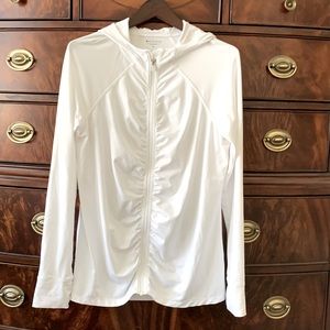 Full zip hoodie jacket, rated UPF 50 sun protection, polyester & spandex.